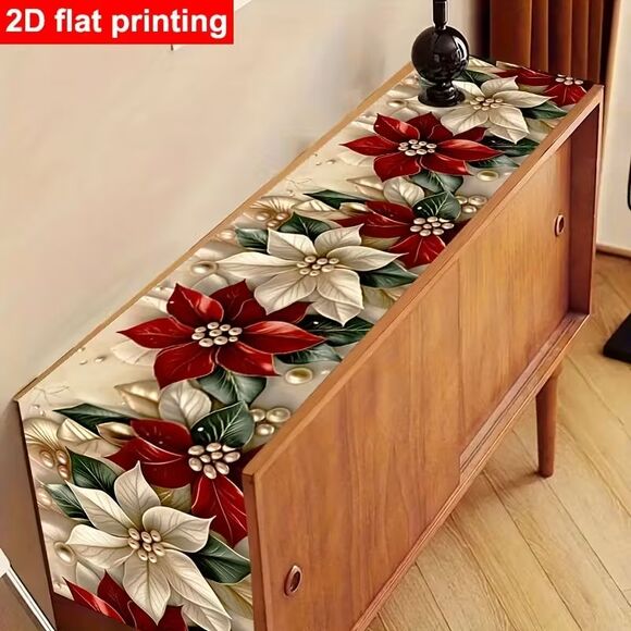 1pc 2D Flat Red Christmas Floral Table Runner -Polyester - Picture 4 of 4